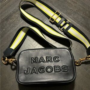 Marc Jacobs Women's Flash Leather Camera Black Neon Yellow Strap Crossbody Bag